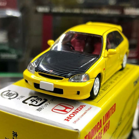TOMICA LIMITED Vintage Neo Honda Civic Type-R EK9 Kouki  Phoenix Yellow with carbon Bonnet. Nihobby 日改通商